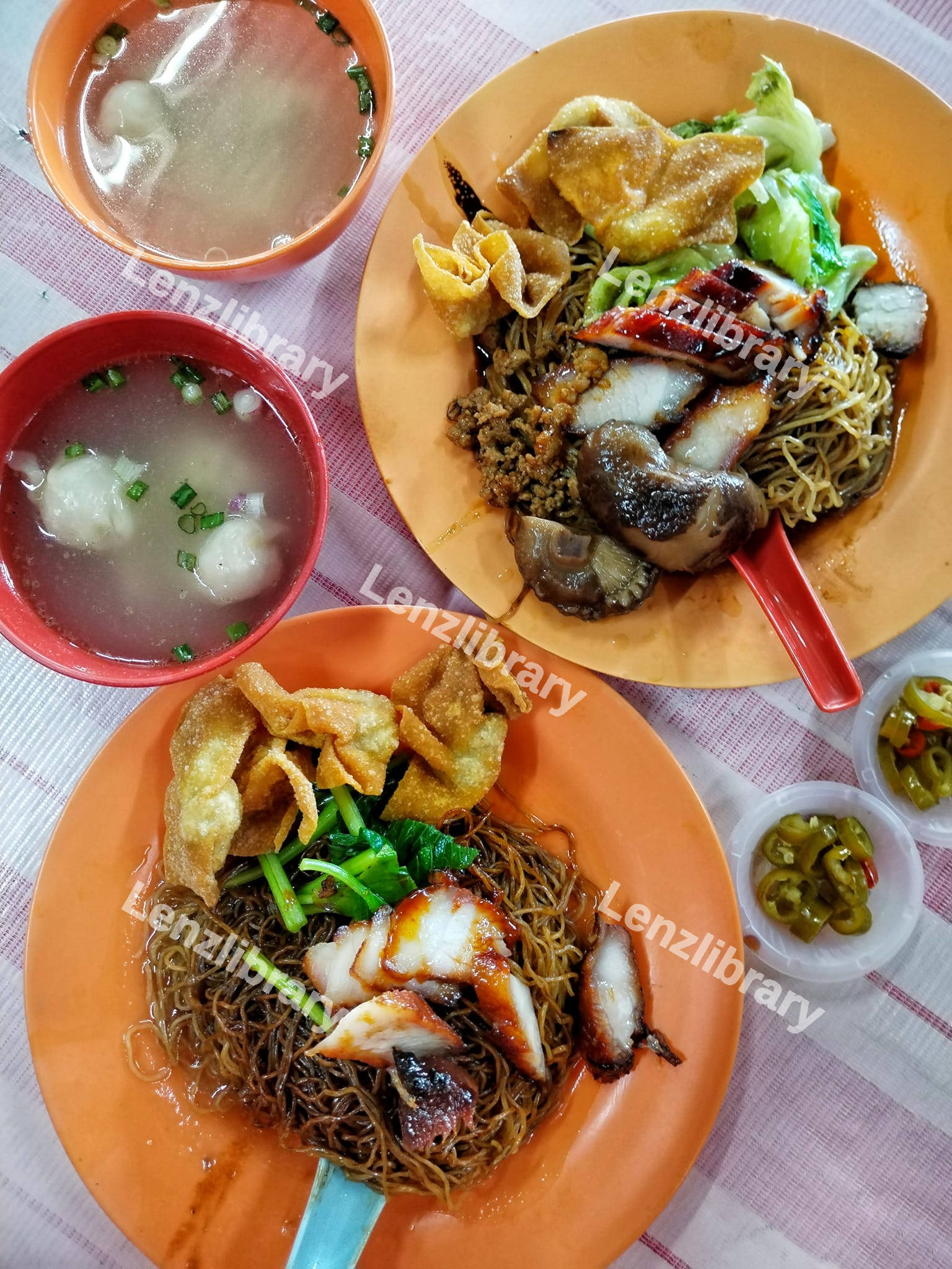 Two plates with pork and noddle
